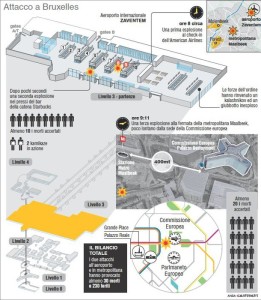 Dettaglio dei fatti e dei luoghi della serie di attentati che hanno sconvolto Bruxelles stamattina (157mm x 180mm)